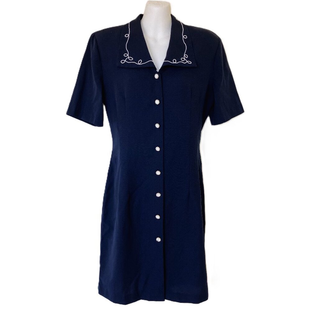Chablis Short Sleeve Shirt Dress Navy Blue Nautical Vintage 90s